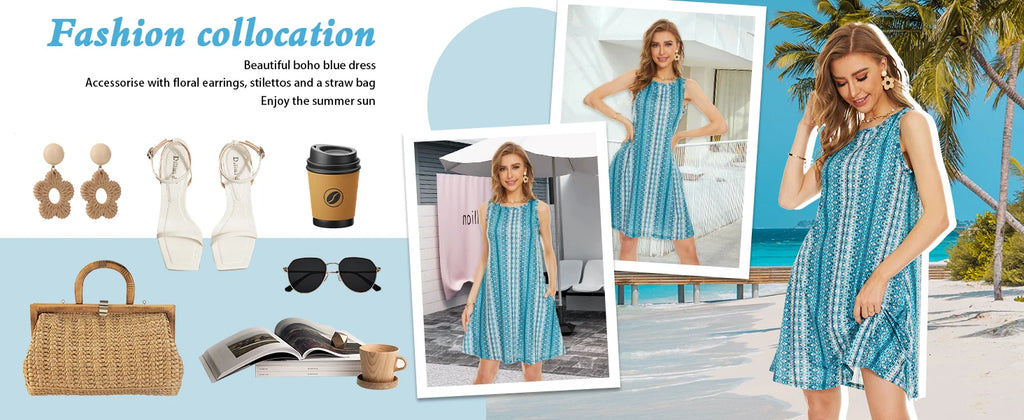 Women's Summer Anime Cat-Print Color-Block Dress; Summer Round-Neck Loose-Fit Casual Comfortable Stylish and Versatile Dress