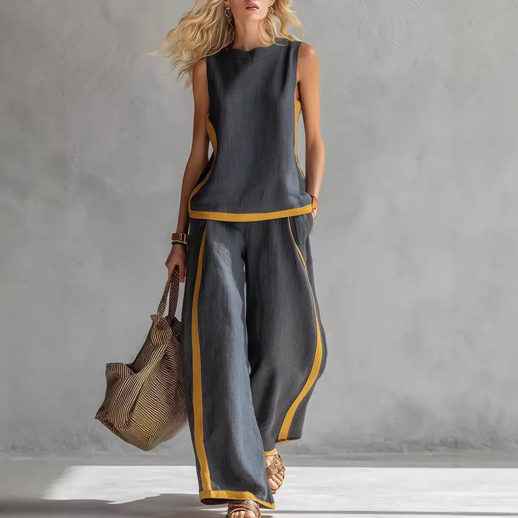 Women Linen 2 Piece Sets Color Block Sleeveless O Neck Tank Top High Waist Wide Leg Pants Loose Casual Summer Matching Suit