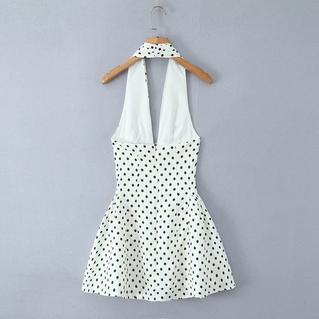 YENKYE French Style Retro Polka Dot Deep V Halter Dress Women Sexy Backless A-line Slim Sweet Elegant Mini Dresses Summer Robe