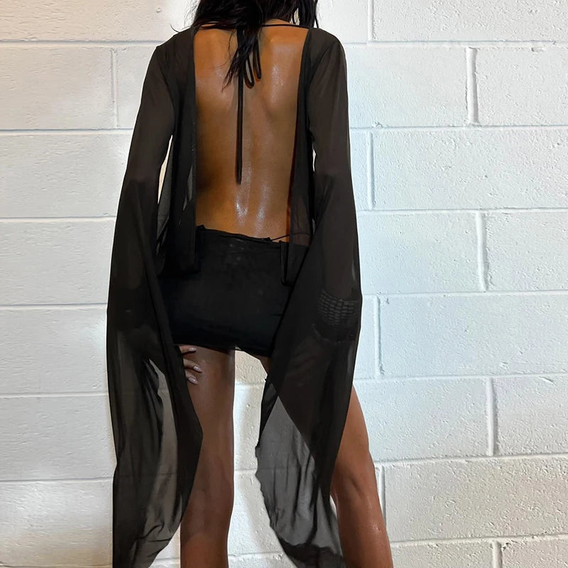 Women Mesh Irregular  Mini Dress Sexy See Through Chic Long Sleeve Deep Low Neck Bandage Slim Vestidos Mujer Coquette Frock