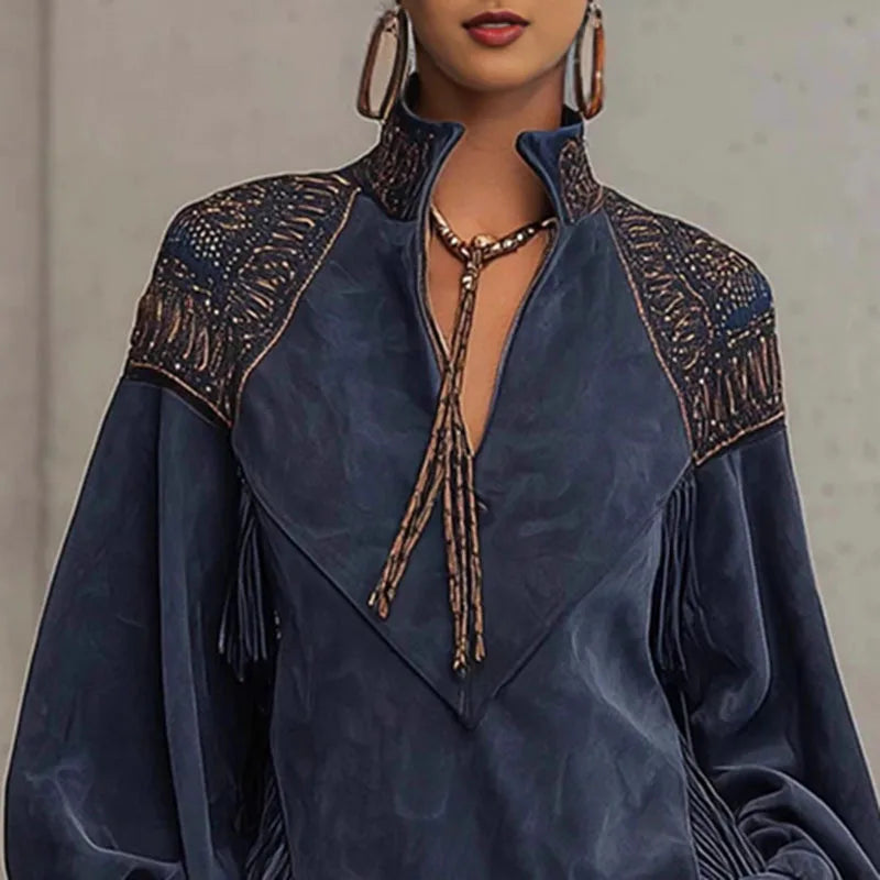 Vintage Fashion Print Tassels Mini Dress Woman Casual V Neck Pocket A-Line Dress Autumn Winter Long Sleeve High Waist Boho Dress