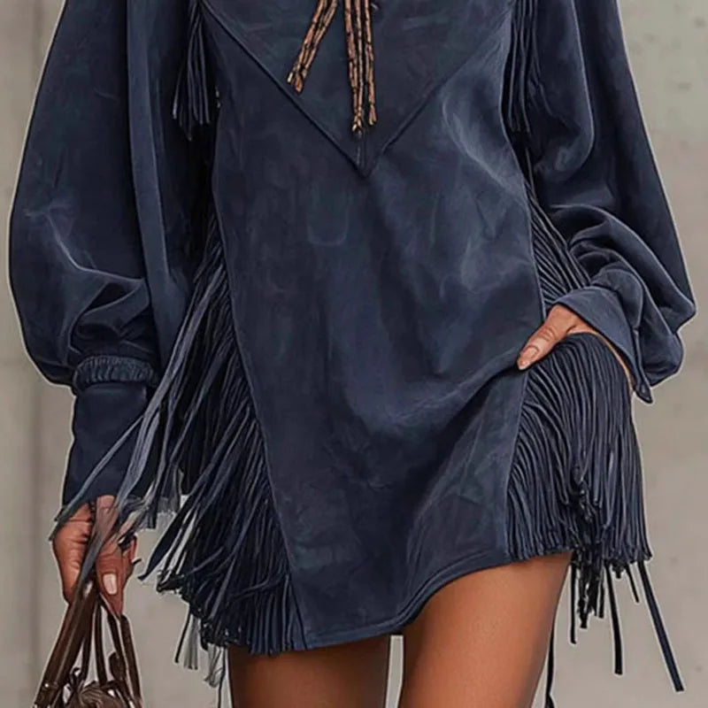 Vintage Fashion Print Tassels Mini Dress Woman Casual V Neck Pocket A-Line Dress Autumn Winter Long Sleeve High Waist Boho Dress