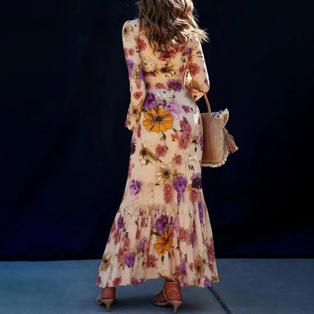 Vintage Flower Print Long Dress Women Autumn 2025 Winter Fashion Long Sleeve Slim A-line Maxi Dresses Elegant Vestidos