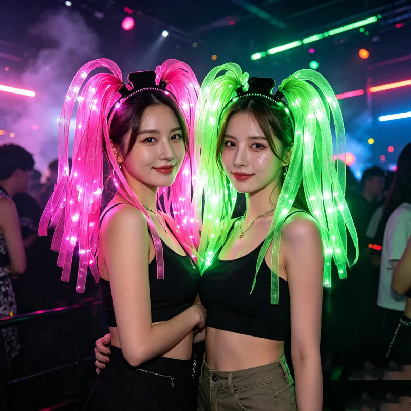 LED Glowing Braids Nightclub Cool Luminous Headband Halloween Party Light Up Hairband Accessory for Women Girl Club Party Props