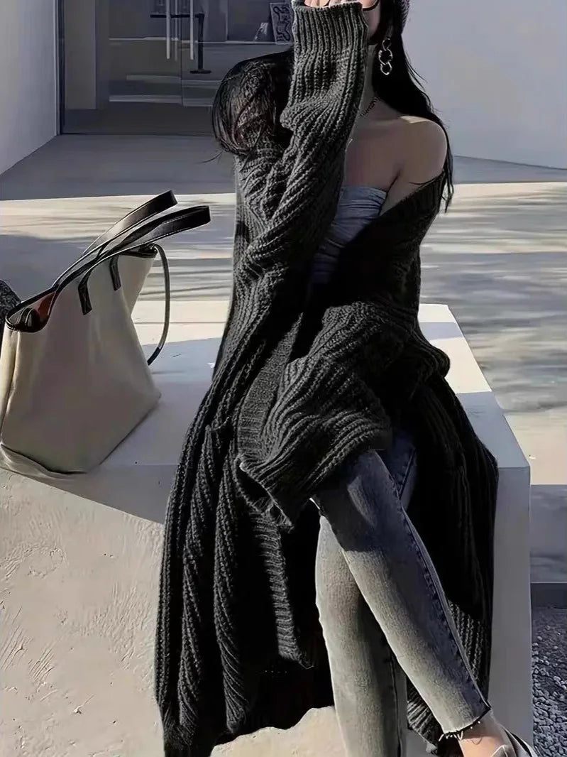Women Oversized Long Knit Cardigan V Neck Open Front Pockets Thick Loose Lantern Sleeve Maxi Sweater Coat for Fall Winter