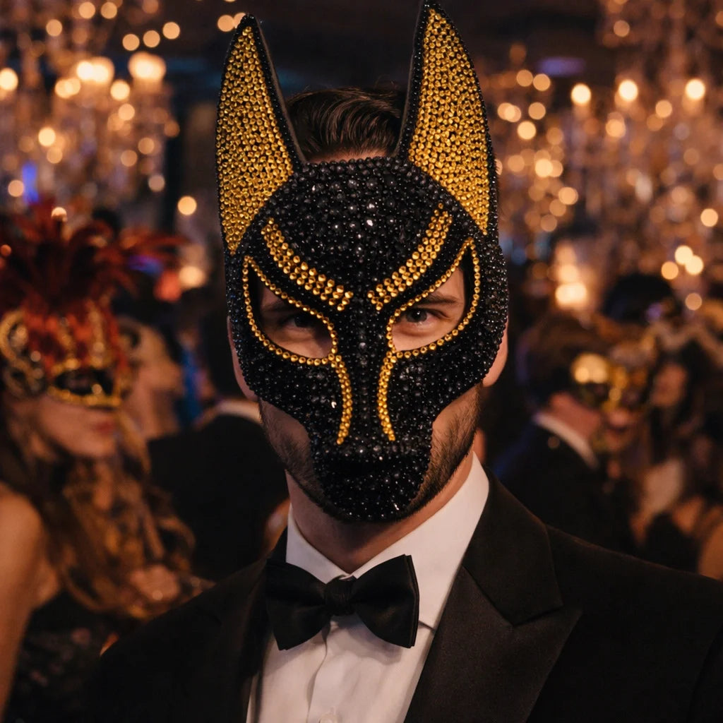 Luxury Rhinestone Wolf Mask, Shiny Animal Half Face Mask for Masquerade Ball, Halloween Party and Costume Events