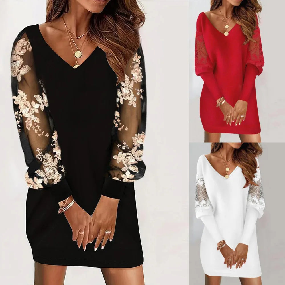 Autumn Winter White Lace Dress For Women's Casual Spliced Lantern Sleeve Party Mini Dresses Women Fashion Elegant Vestidos