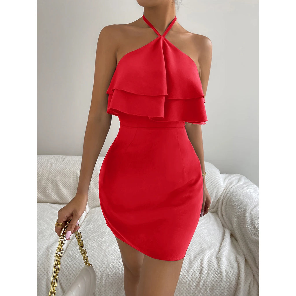 Summer Women's Hanging Neck Exposed Backpack Hip Skirt Fashionable Sexy Ruffled Edge Dress