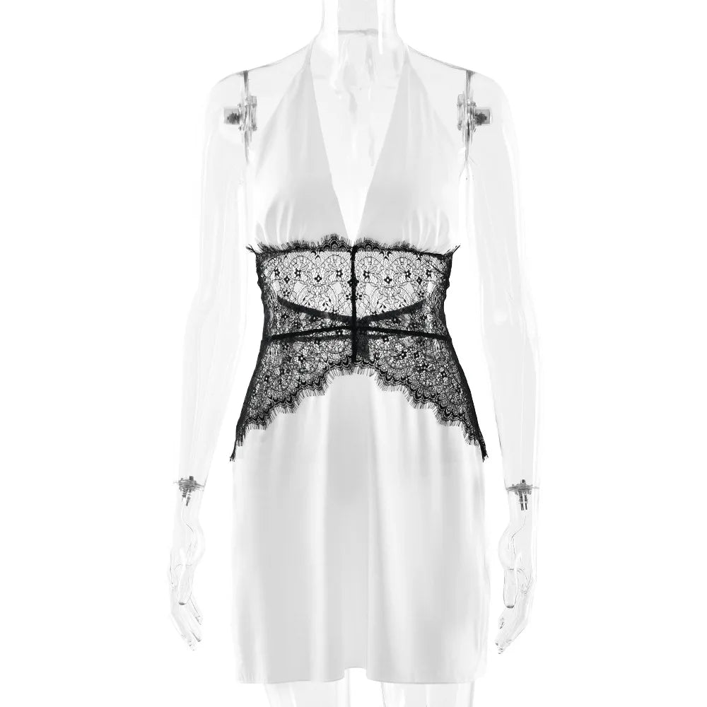 JULISSA MO Patchwork Lace Sexy Backless Mini Dress Women White Deep V-neck Halter Dress Winter Skinny Elegant Party Club Dresses