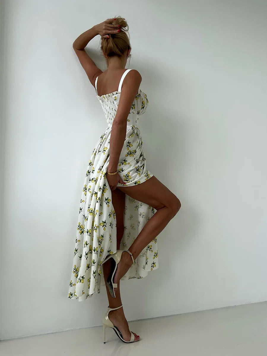 Bornladies 2025 Summer New Printing Cami Dress High Waist Slit Lemon Print Maxi Dress Vacation Long Dress For Women