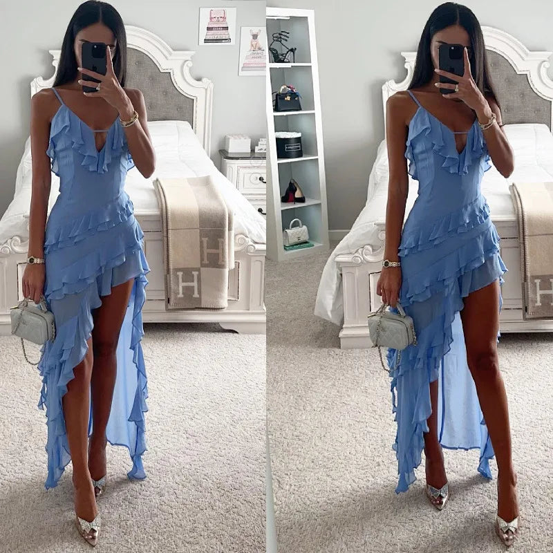 Holiday Maxi Midi Ruffles Beach Dress 2024 New Fashion Solid Color A-line Midi Dress Summer Sexy Strap Irregular Dress