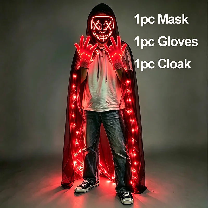 Wireless LED Neon Purge Mask & Fiber Optic Gloves, Scary Glow In Dark Mask for Halloween Carnival Cosplay Bar Birthday Party