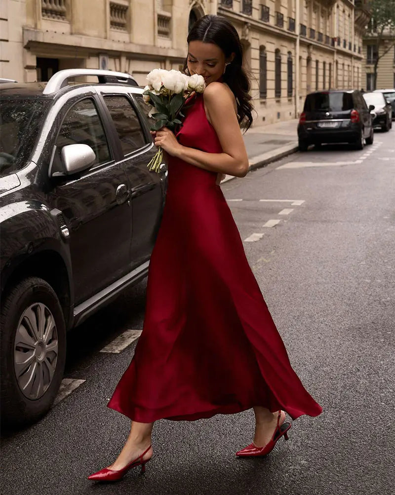 GACVGA Satin Backless Pearls Sexy Bodycon Prom Party Maxi Dress Halter Sleeveless Celebrity Evening Runway Slim Club Long Dress