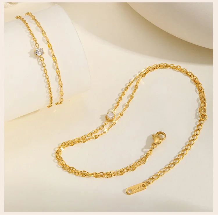 Waterproof Layered Anklet Bracelet for Women, Adjustable Gold Plated with Zirconia Stainless Steel Link Foot Chain Jewelry