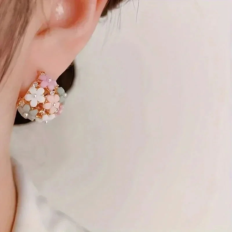 Korean Floral Hoop Cute Fashion Earrings for Women Alloy with Resin Inlay Japanese Style Suitable for Daily Wear and Weddings