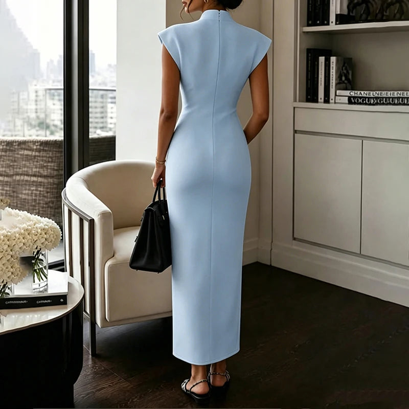 BKLD Women's Commuting Evening Party Elegant Gowns Solid Stand Collar V-neck Sleeveless Sheath Maxi Dresses Temperament Clothing