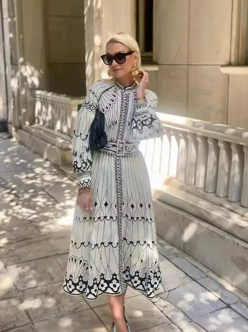 Retro Elegant Stand Collar Long Dress Women Spring Pattern Print Belted Buckle Party  Autumn  Sleeve A-Line Boho