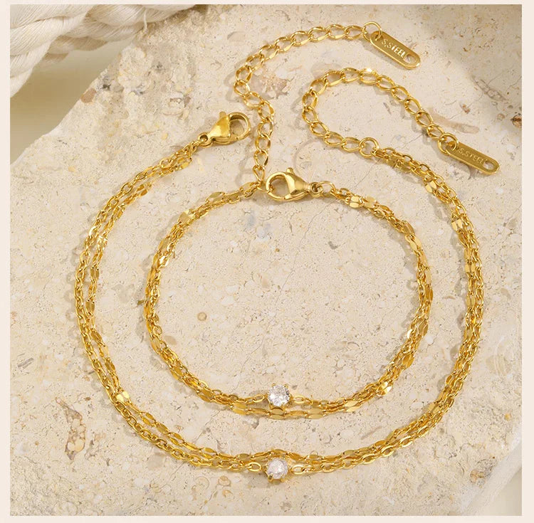 Waterproof Layered Anklet Bracelet for Women, Adjustable Gold Plated with Zirconia Stainless Steel Link Foot Chain Jewelry
