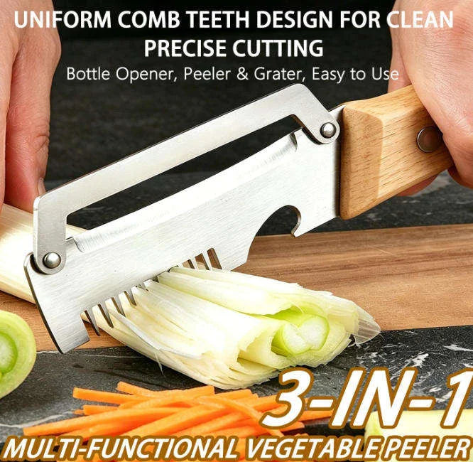 1/2/3/pcs Peeler Oak Three-in-one Stainless Steel Wooden Handle  For Peeling Slicing Onions Cutting Sugar Cane Cutting Fruits