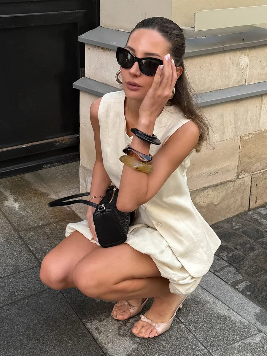 Bornladies Cotton Chic Casual Vest Mini Skirt Set Women's Fashion Commuter Sleeveless Tank Top Loose Shorts Suits Summer New
