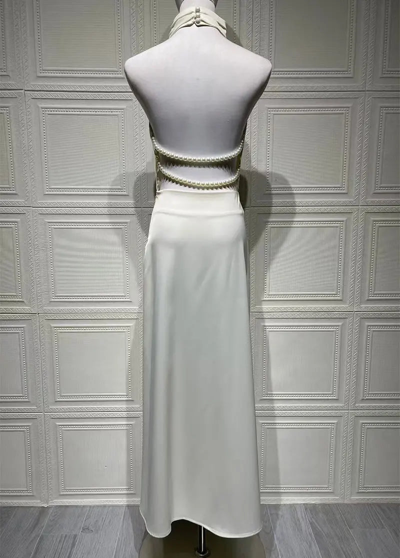 GACVGA Satin Backless Pearls Sexy Bodycon Prom Party Maxi Dress Halter Sleeveless Celebrity Evening Runway Slim Club Long Dress