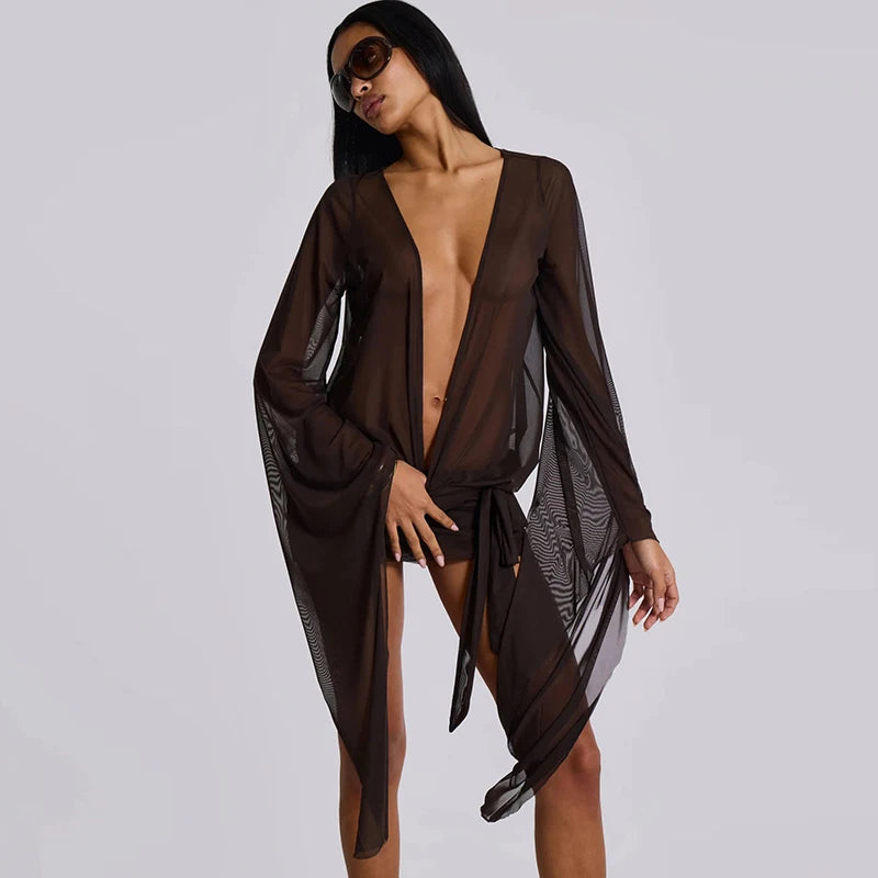 Women Mesh Irregular  Mini Dress Sexy See Through Chic Long Sleeve Deep Low Neck Bandage Slim Vestidos Mujer Coquette Frock