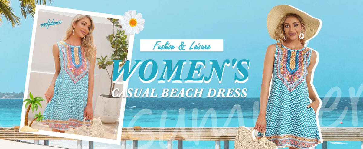 Women's Summer Anime Cat-Print Color-Block Dress; Summer Round-Neck Loose-Fit Casual Comfortable Stylish and Versatile Dress