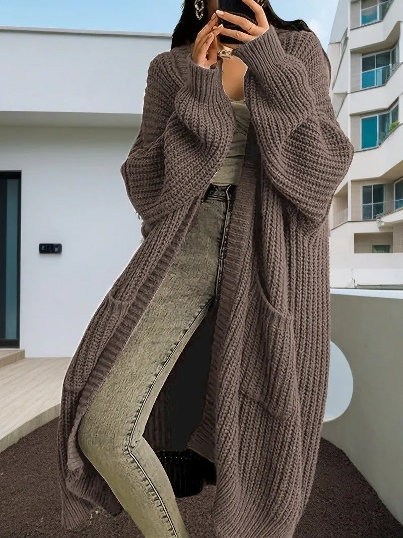Women Oversized Long Knit Cardigan V Neck Open Front Pockets Thick Loose Lantern Sleeve Maxi Sweater Coat for Fall Winter