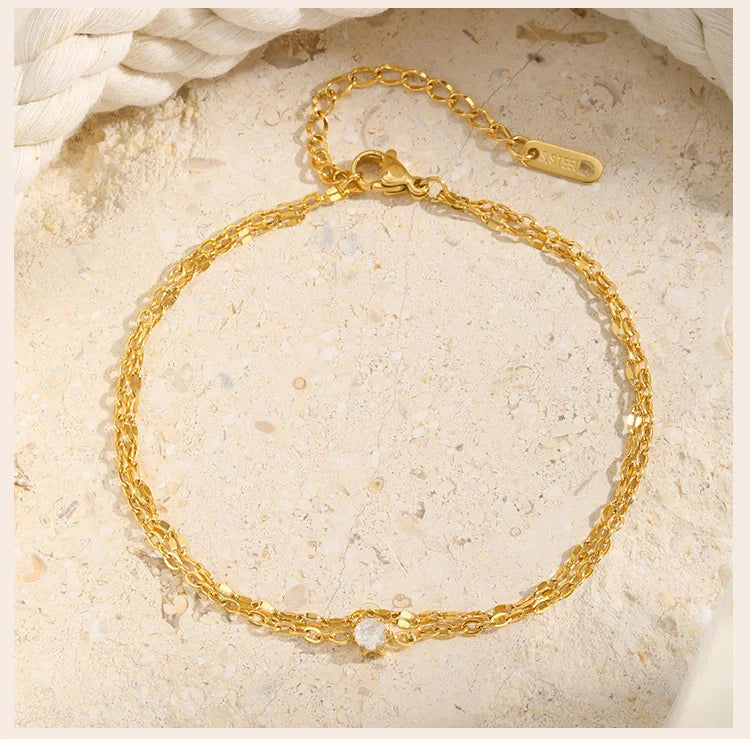 Waterproof Layered Anklet Bracelet for Women, Adjustable Gold Plated with Zirconia Stainless Steel Link Foot Chain Jewelry