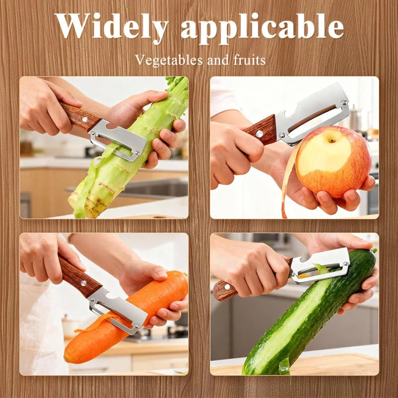 1/2/3/pcs Peeler Oak Three-in-one Stainless Steel Wooden Handle  For Peeling Slicing Onions Cutting Sugar Cane Cutting Fruits