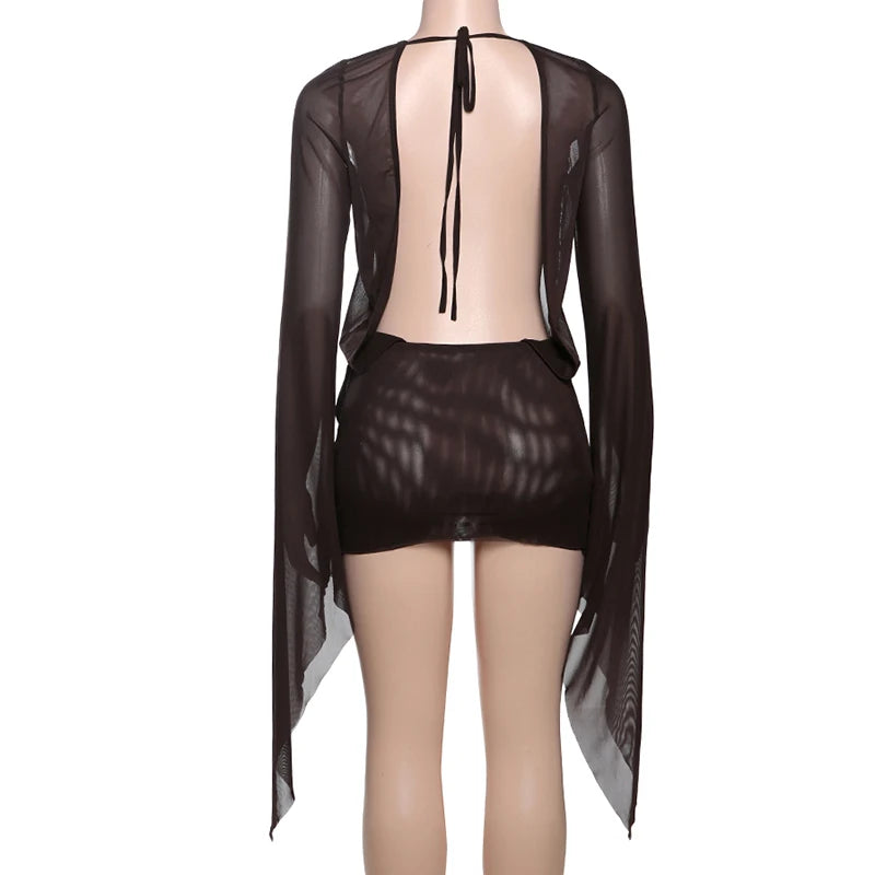 Women Mesh Irregular  Mini Dress Sexy See Through Chic Long Sleeve Deep Low Neck Bandage Slim Vestidos Mujer Coquette Frock