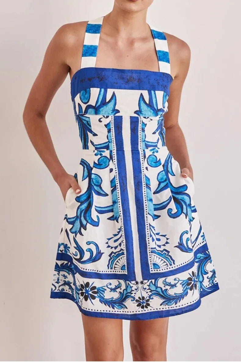 Women Summer Sexy Printed A-line Mini Dress Fashion Casual Blackless Sleeveless High Waist Off Shoulder Vestidos Party Dresses