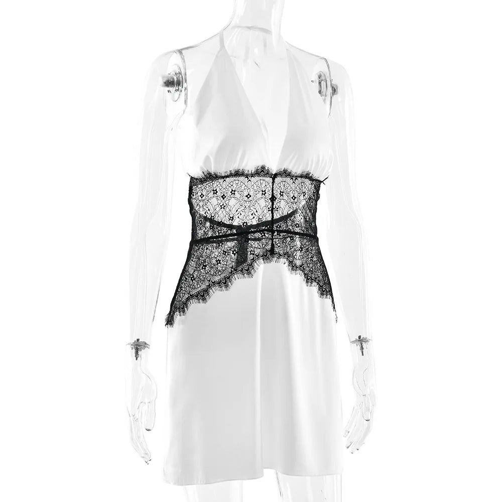 JULISSA MO Patchwork Lace Sexy Backless Mini Dress Women White Deep V-neck Halter Dress Winter Skinny Elegant Party Club Dresses