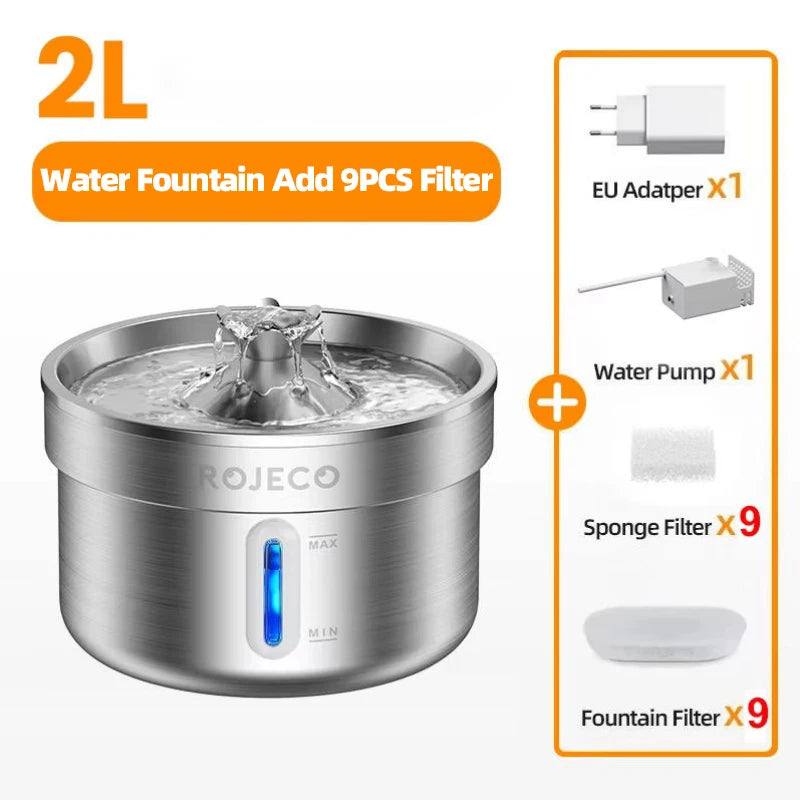 ROJECO Stainless Steel Pet Drinking Fountain Smart Pet Water Dispenser Automatic Cat Water Fountain for Dog Cat Drinking Supply
