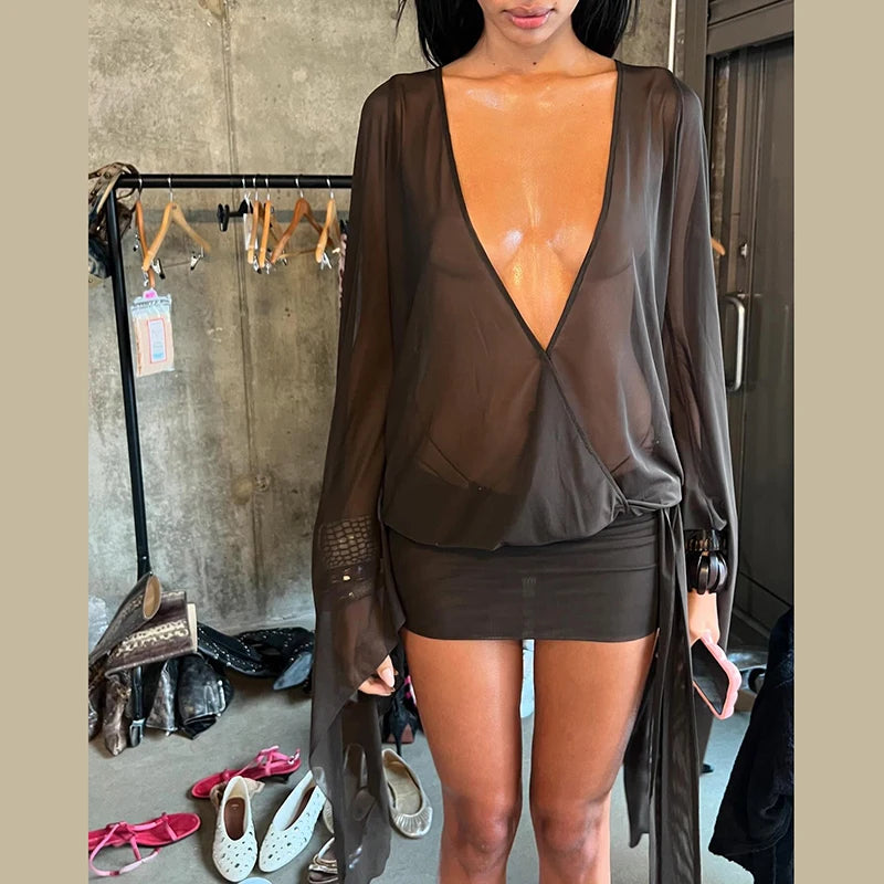 Women Mesh Irregular  Mini Dress Sexy See Through Chic Long Sleeve Deep Low Neck Bandage Slim Vestidos Mujer Coquette Frock