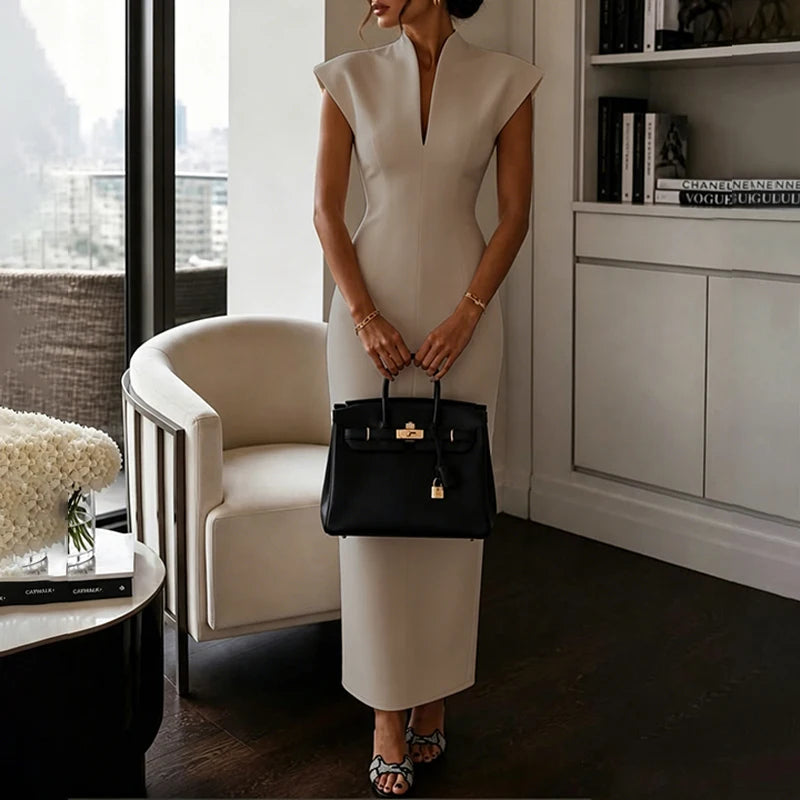 BKLD Women's Commuting Evening Party Elegant Gowns Solid Stand Collar V-neck Sleeveless Sheath Maxi Dresses Temperament Clothing
