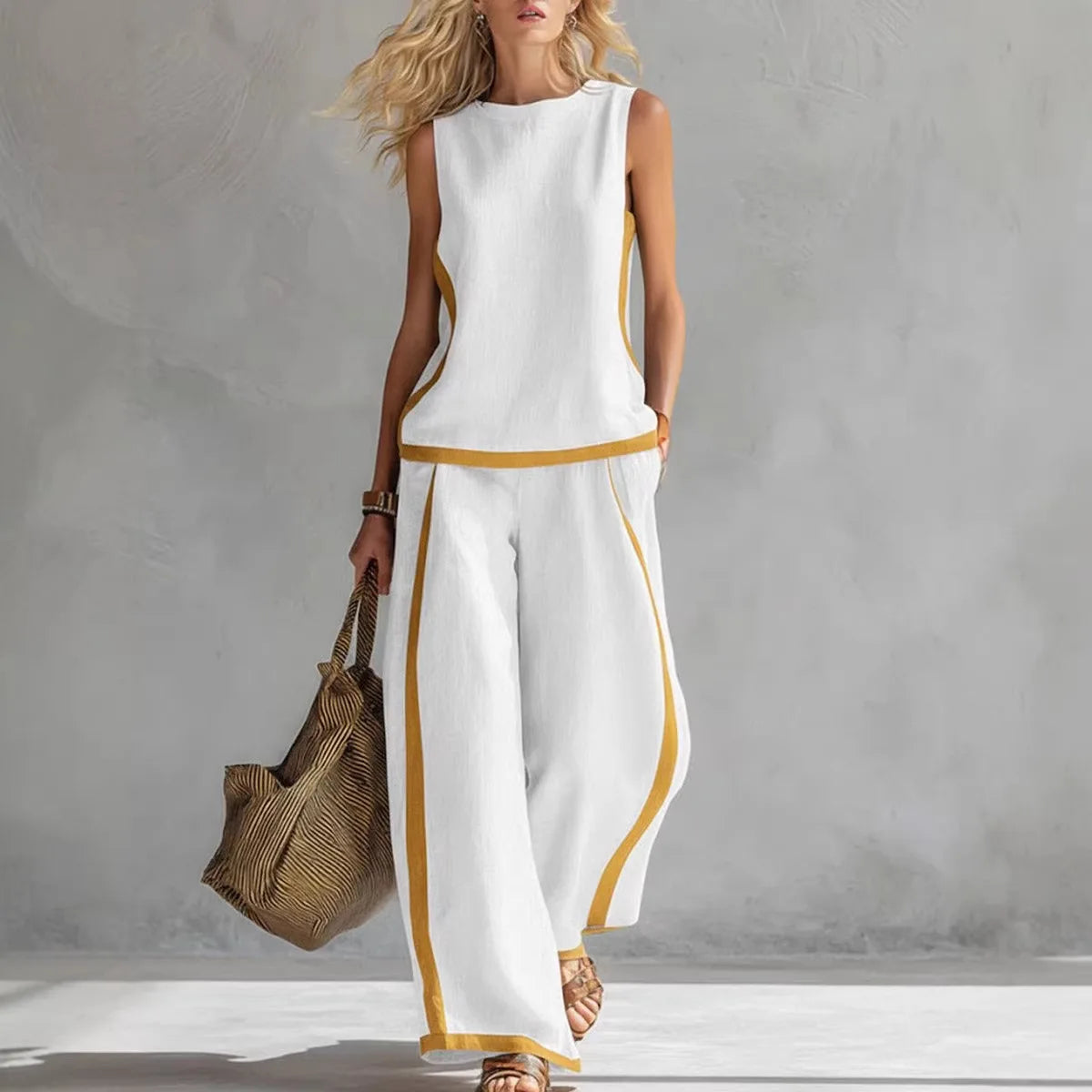 Women Linen 2 Piece Sets Color Block Sleeveless O Neck Tank Top High Waist Wide Leg Pants Loose Casual Summer Matching Suit