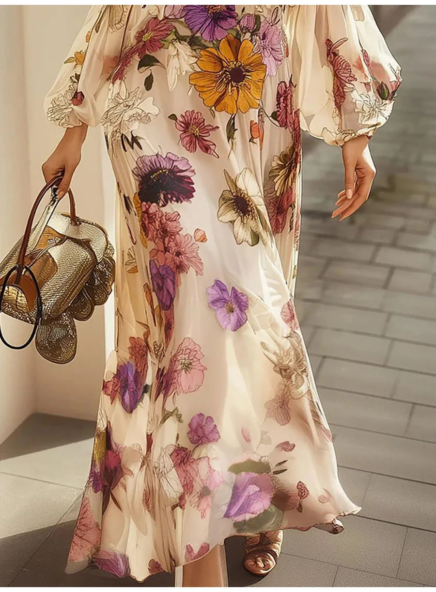Vintage Flower Print Long Dress Women Autumn 2025 Winter Fashion Long Sleeve Slim A-line Maxi Dresses Elegant Vestidos