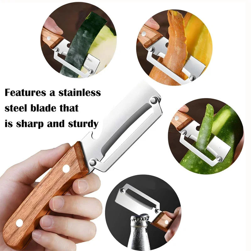 1/2/3/pcs Peeler Oak Three-in-one Stainless Steel Wooden Handle  For Peeling Slicing Onions Cutting Sugar Cane Cutting Fruits