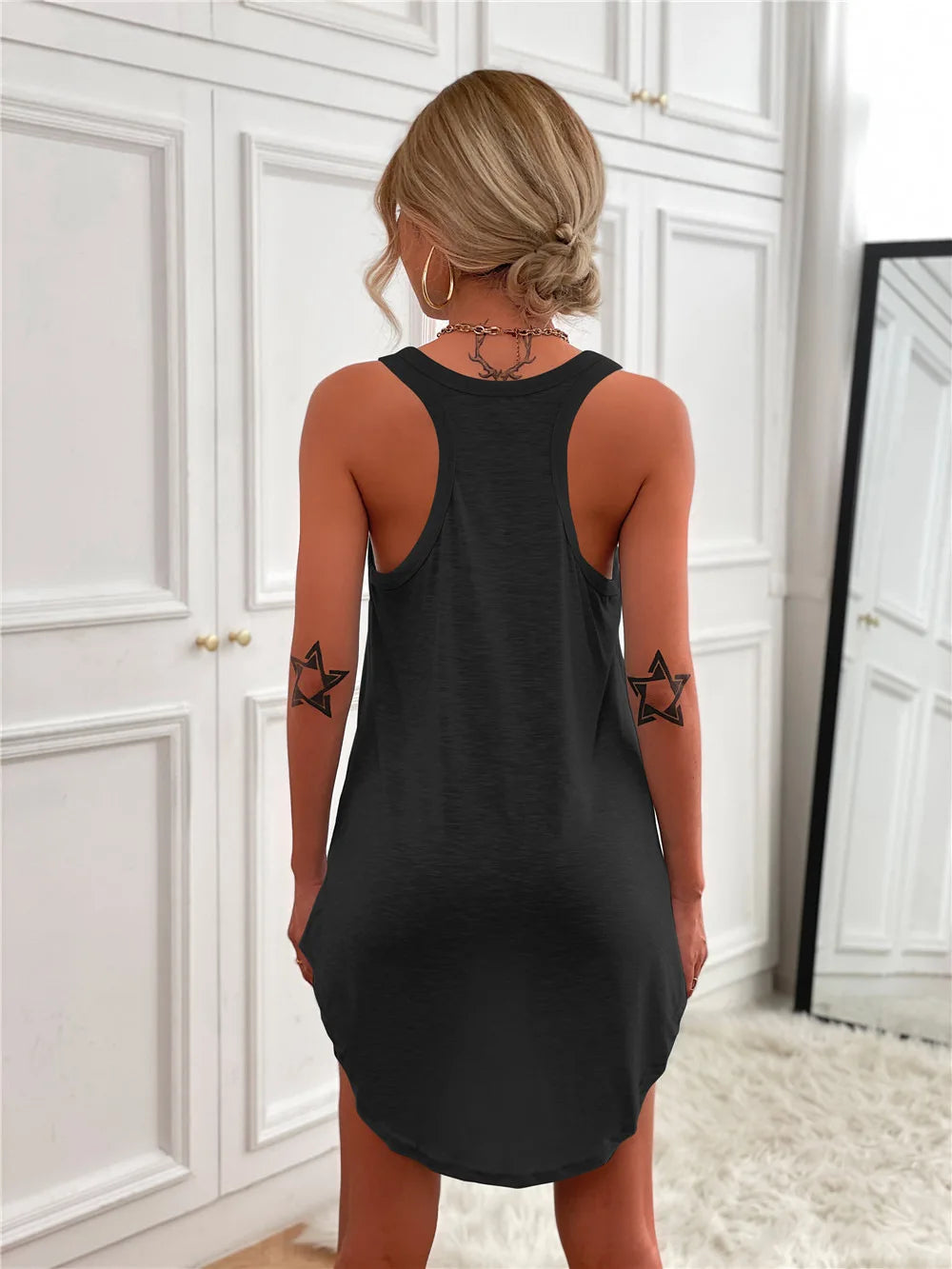 Summer environment women's solid color U-neck sleeveless herringbone suspender vest dress casual versatile short skirt