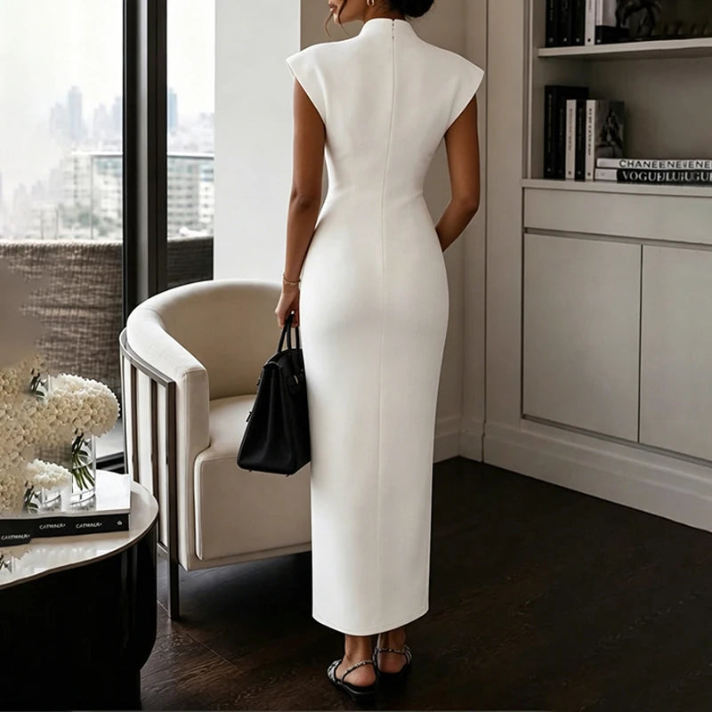 BKLD Women's Commuting Evening Party Elegant Gowns Solid Stand Collar V-neck Sleeveless Sheath Maxi Dresses Temperament Clothing