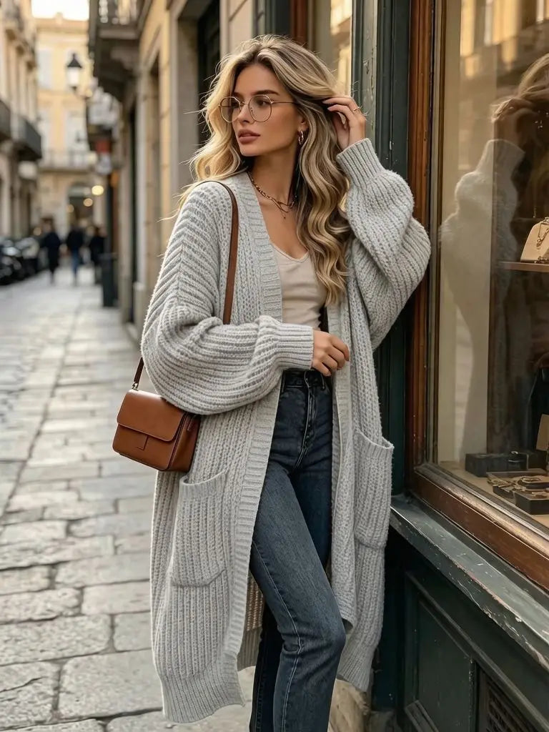 Women Oversized Long Knit Cardigan V Neck Open Front Pockets Thick Loose Lantern Sleeve Maxi Sweater Coat for Fall Winter