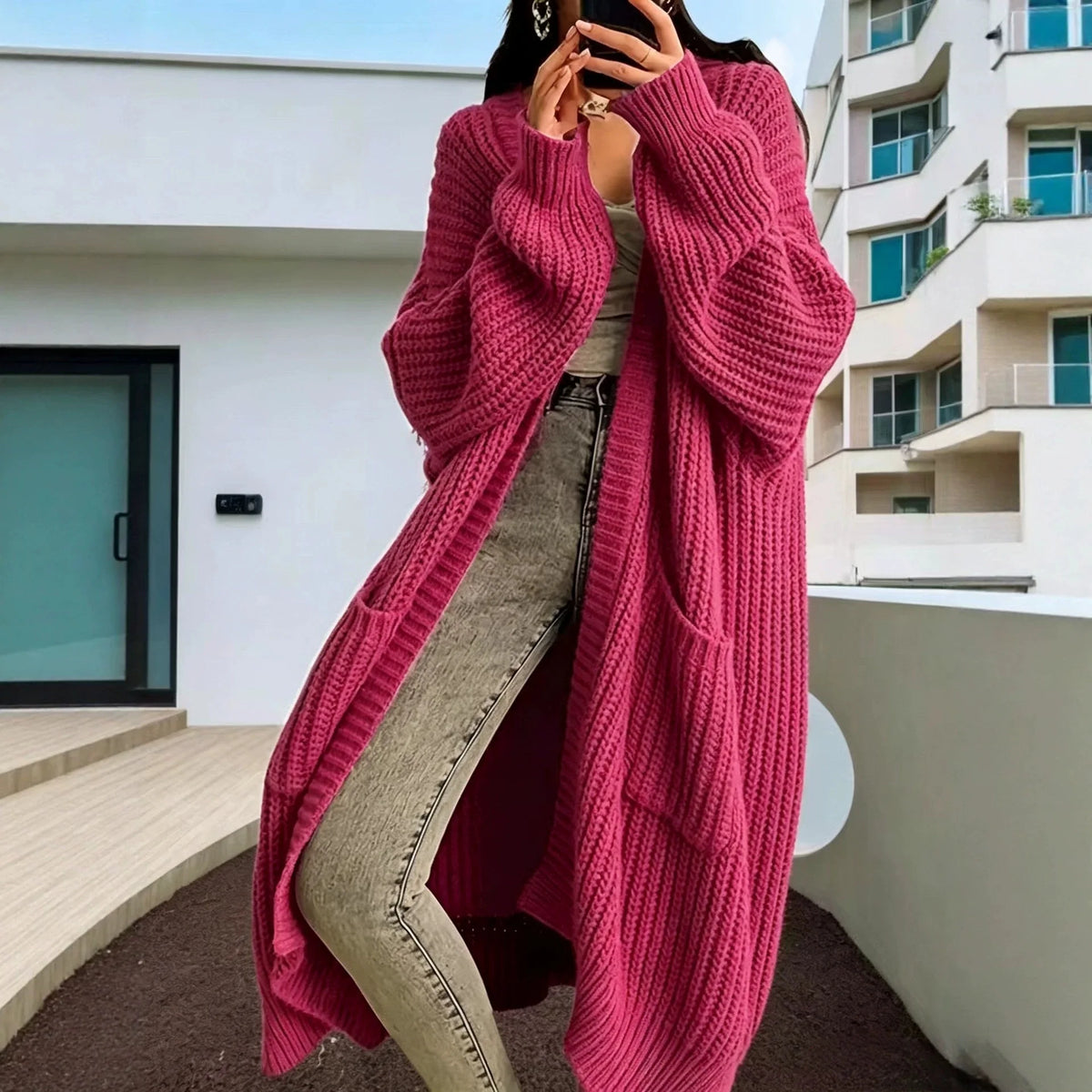 Women Oversized Long Knit Cardigan V Neck Open Front Pockets Thick Loose Lantern Sleeve Maxi Sweater Coat for Fall Winter
