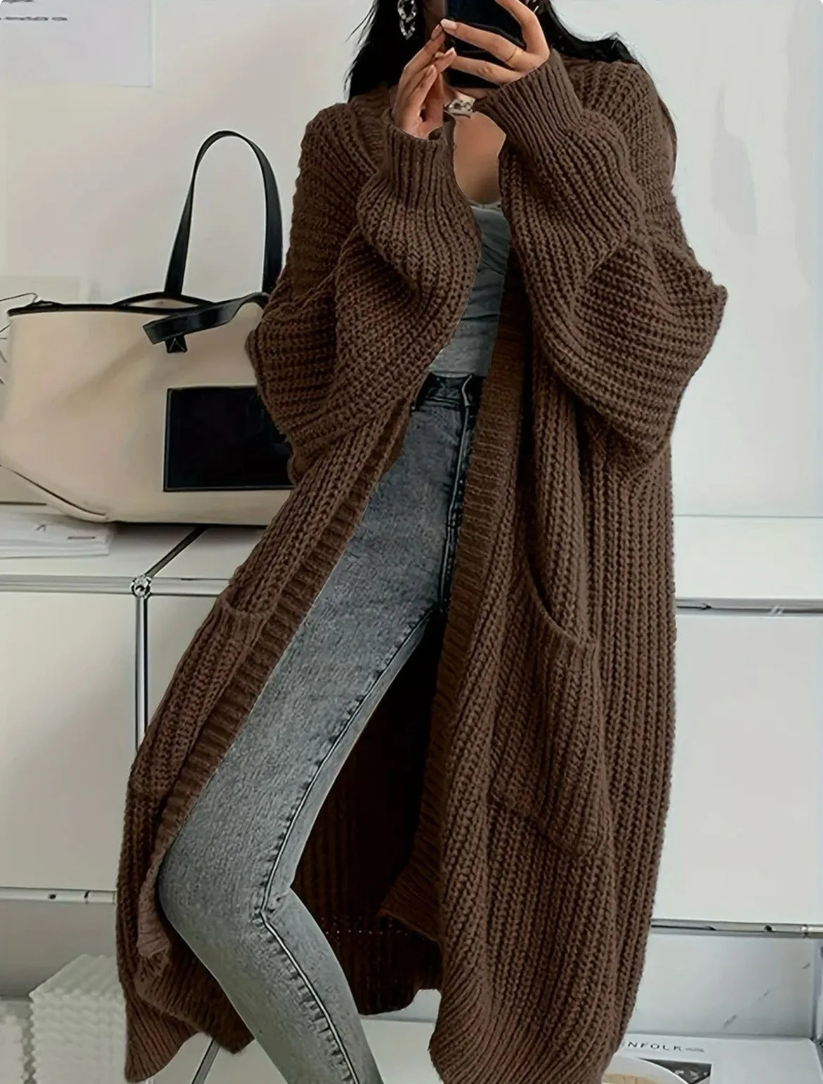 Women Oversized Long Knit Cardigan V Neck Open Front Pockets Thick Loose Lantern Sleeve Maxi Sweater Coat for Fall Winter