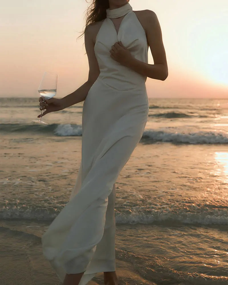 GACVGA Satin Backless Pearls Sexy Bodycon Prom Party Maxi Dress Halter Sleeveless Celebrity Evening Runway Slim Club Long Dress