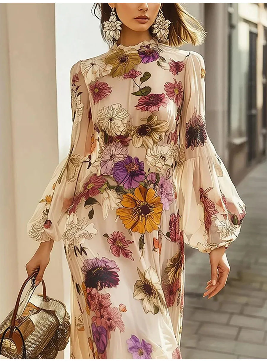 Vintage Flower Print Long Dress Women Autumn 2025 Winter Fashion Long Sleeve Slim A-line Maxi Dresses Elegant Vestidos