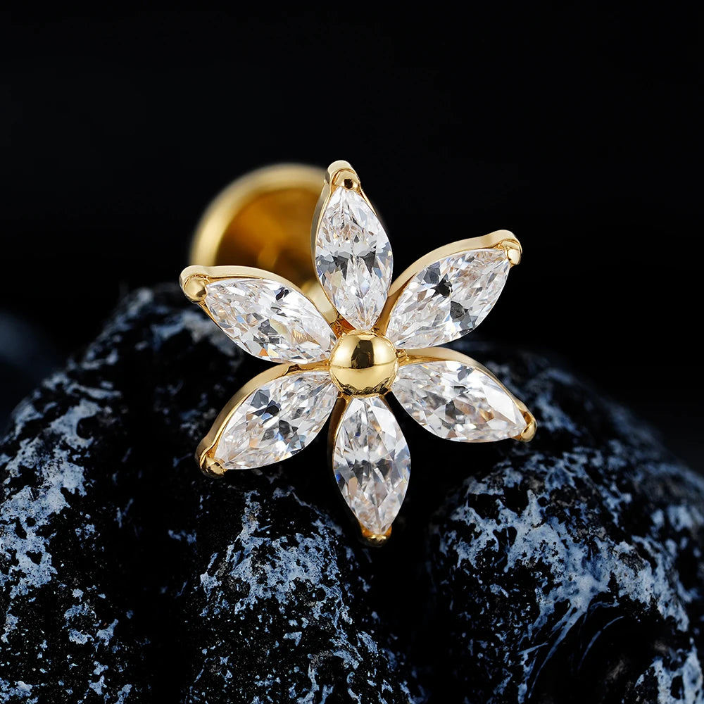 Right Grand ASTM F136 Titanium 16G Marquise Flower CZ Labret Stud Helix Conch Cartilage Tragus Flat Back Piercing Body jewelry