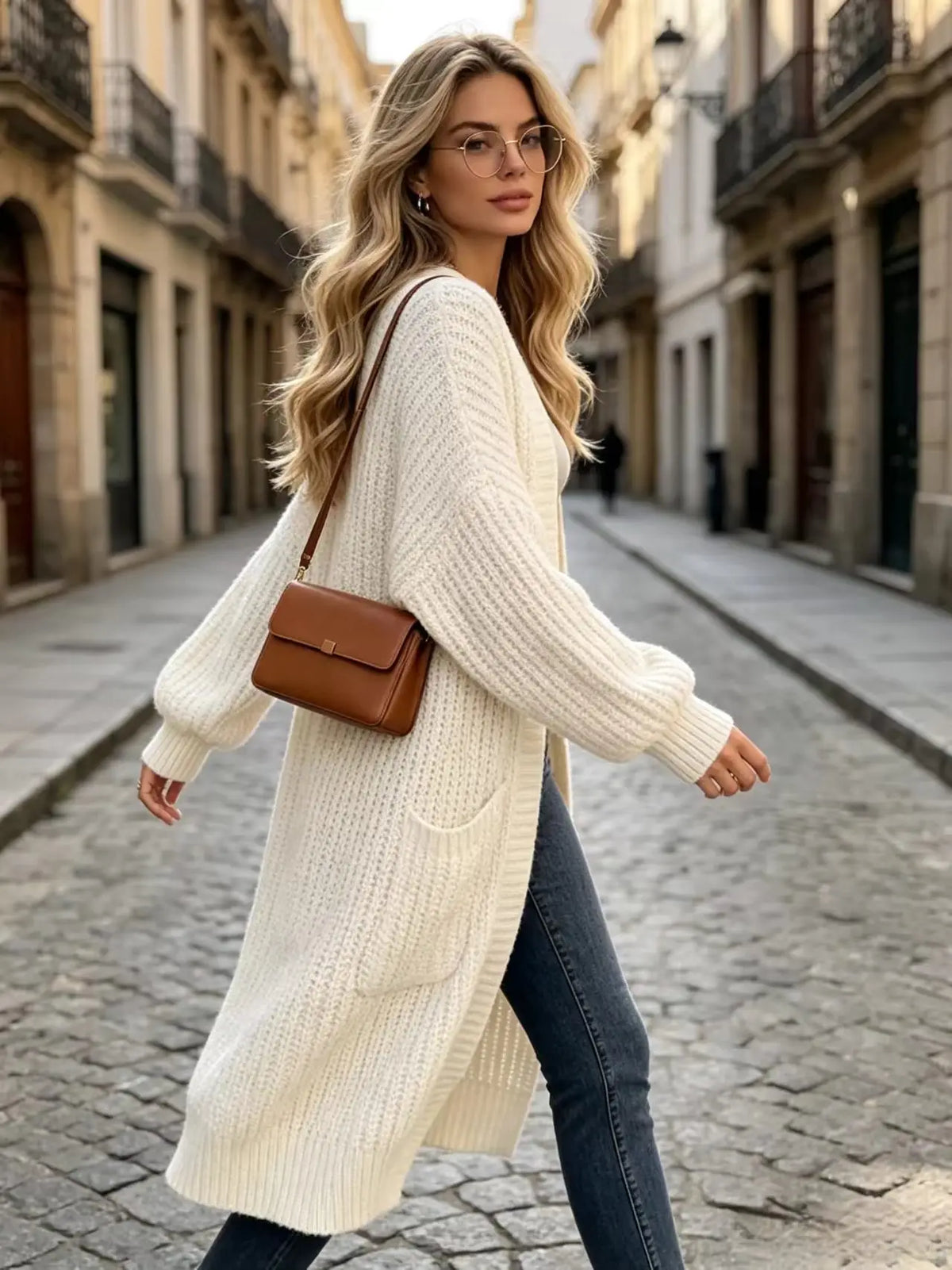Women Oversized Long Knit Cardigan V Neck Open Front Pockets Thick Loose Lantern Sleeve Maxi Sweater Coat for Fall Winter