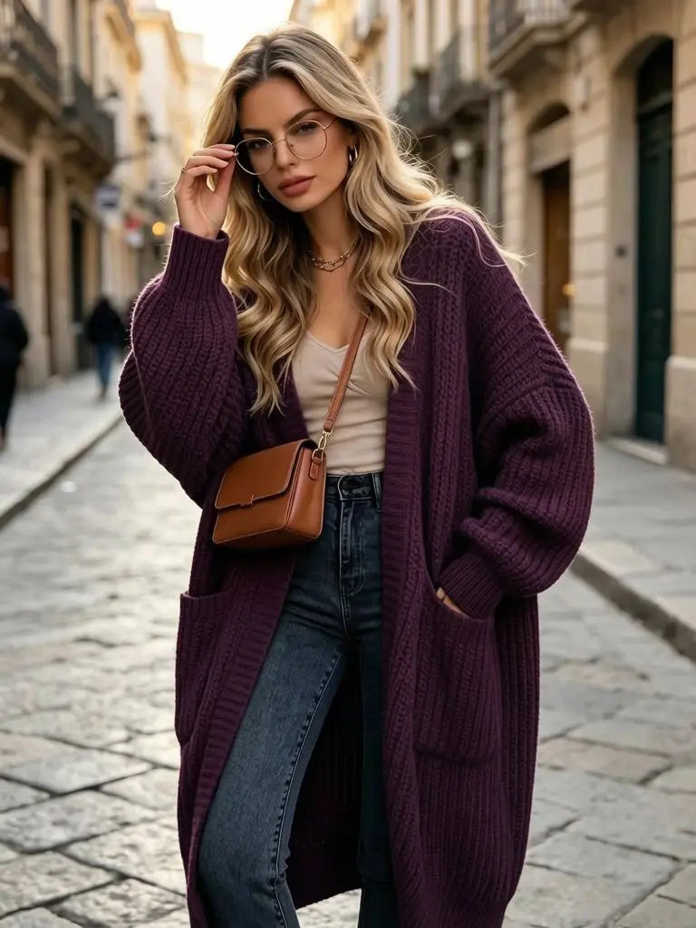Women Oversized Long Knit Cardigan V Neck Open Front Pockets Thick Loose Lantern Sleeve Maxi Sweater Coat for Fall Winter