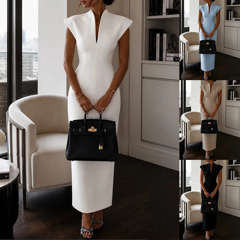 BKLD Women's Commuting Evening Party Elegant Gowns Solid Stand Collar V-neck Sleeveless Sheath Maxi Dresses Temperament Clothing